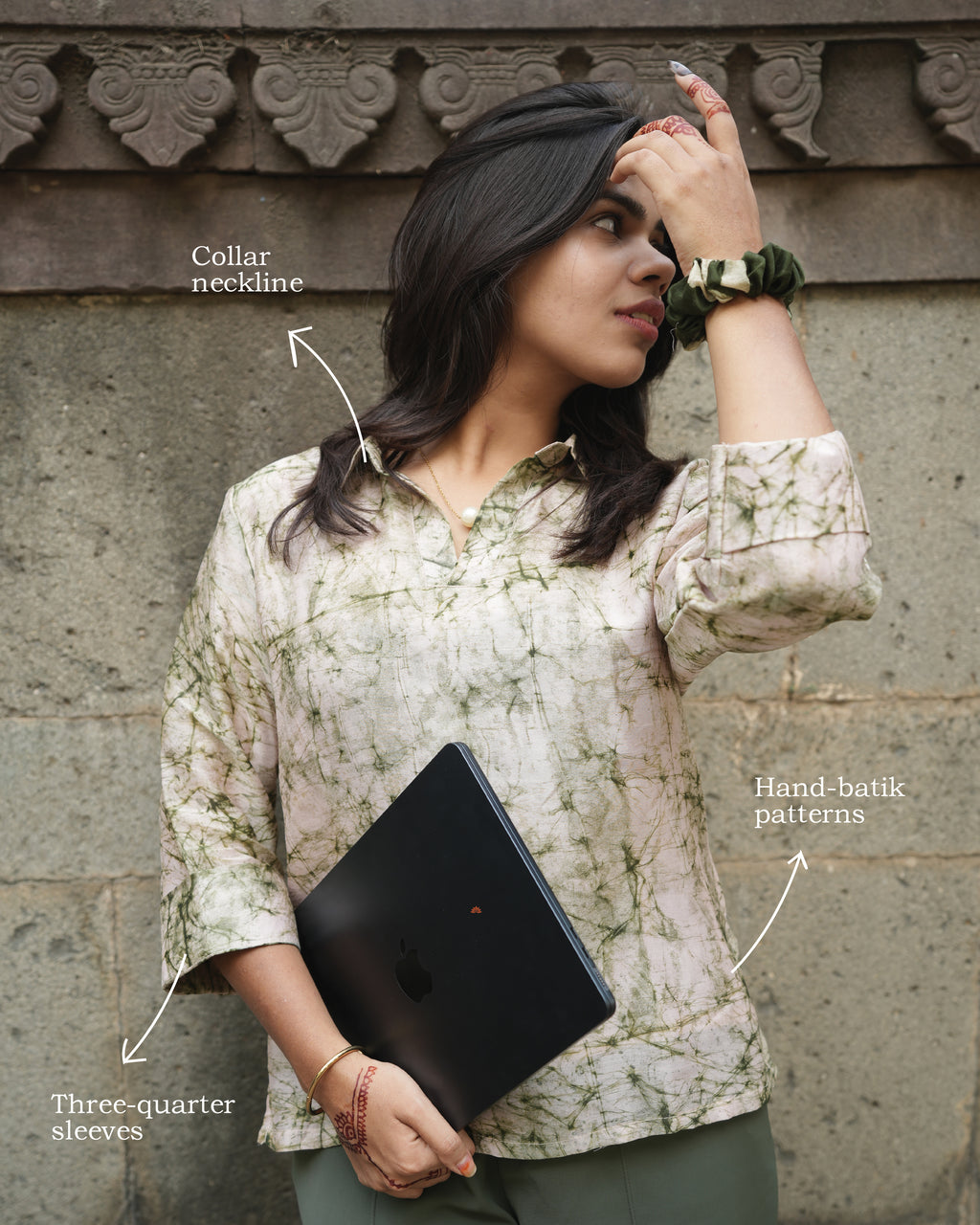 Powder pink & green Chanderi waxed shirt