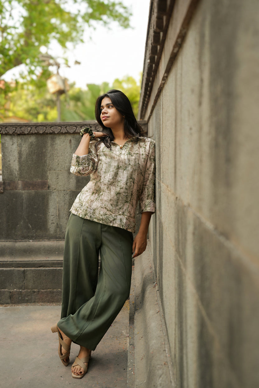 Powder pink & green Chanderi waxed shirt