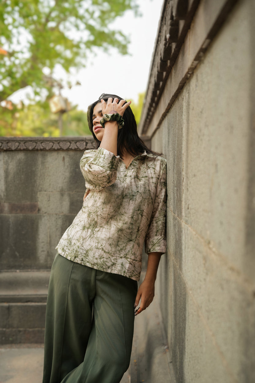 Powder pink & green Chanderi waxed shirt