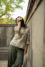 Powder pink & green Chanderi waxed shirt