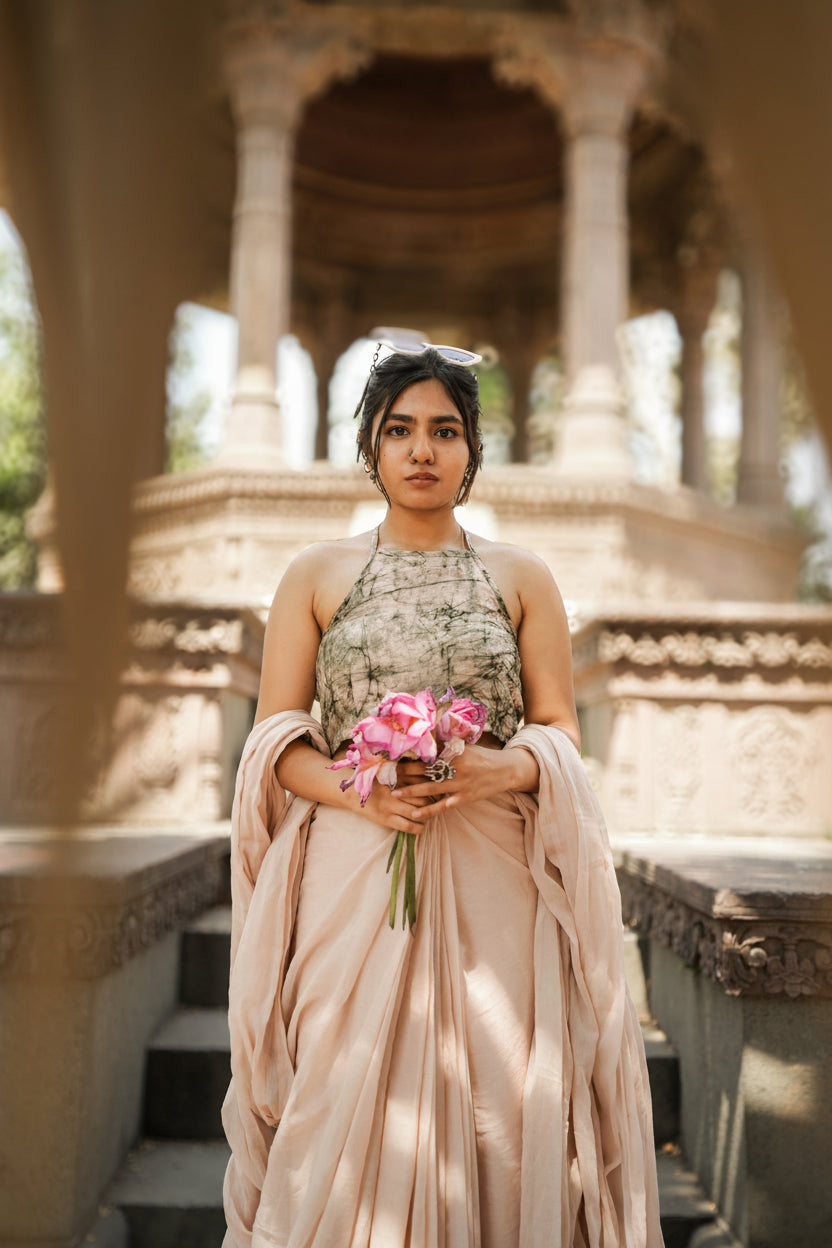 Powder pink & green loom Chanderi blouse