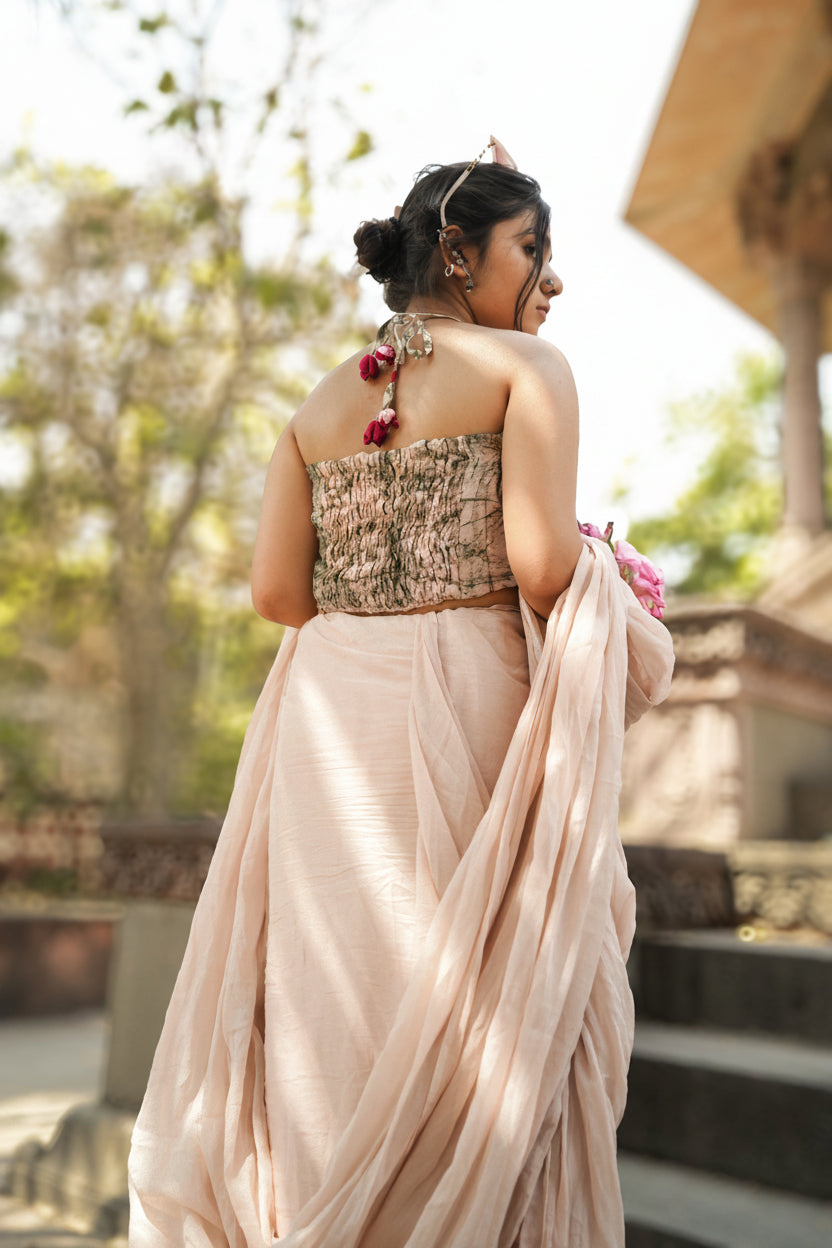 Powder pink & green loom Chanderi blouse